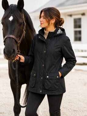 Barbour Womens Waxed Cotton Hooded Jacket Black XL Plaid Lined